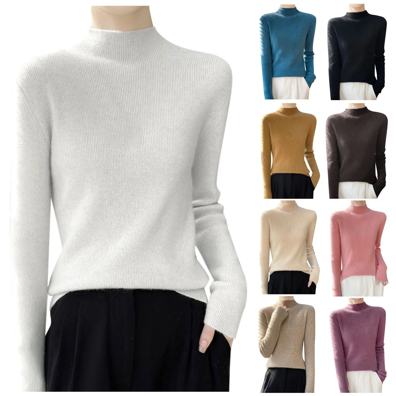 Sweater wanita, atasan kasual Pullover warna Solid wanita, kerah setengah Turtleneck lengan panjang, Slim-Fit, kemeja dasar sederhana nyaman hangat