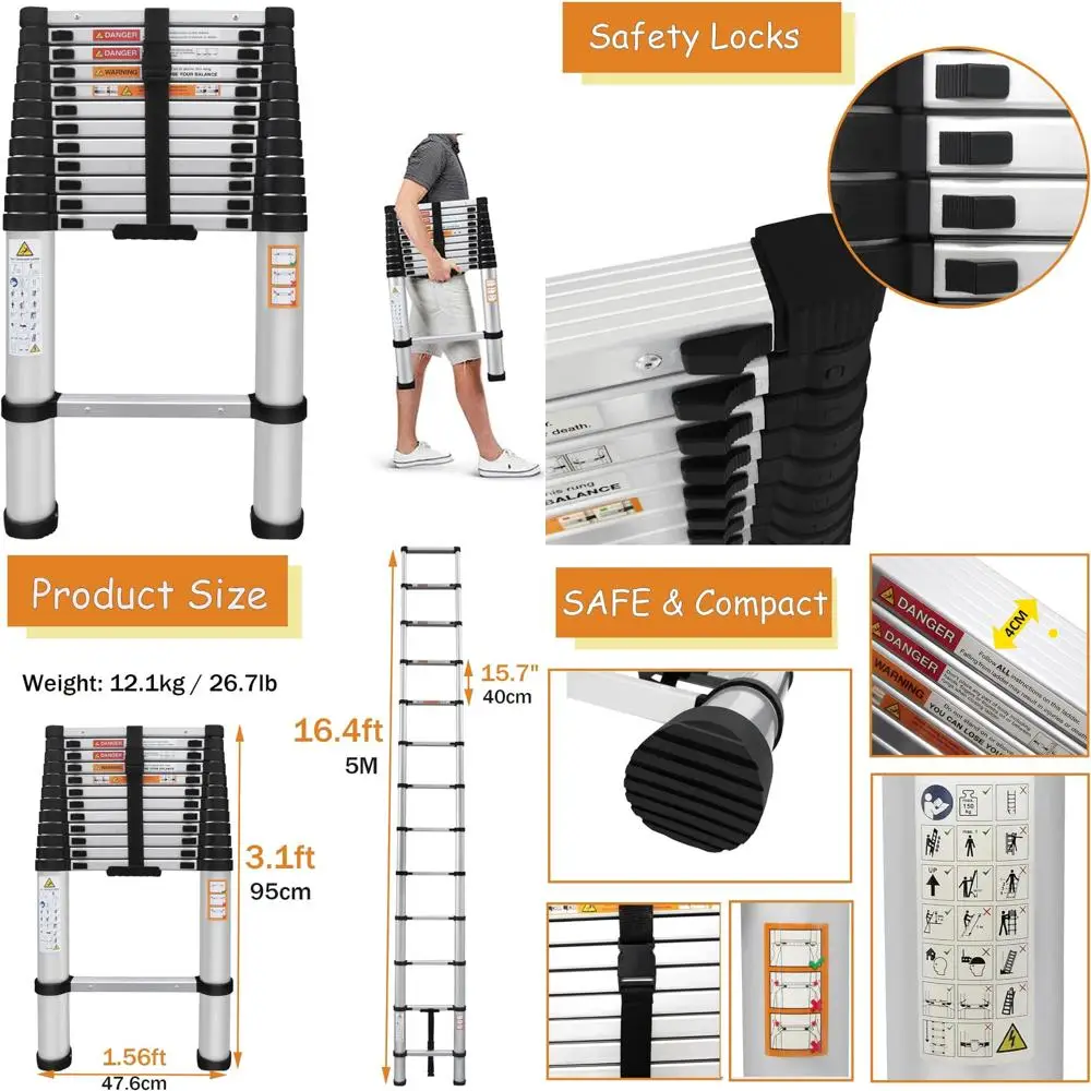 

Aluminum Telescoping Extension Ladder 16.4ft Adjustable 3.1ft Folded 330lbs Load Capacity EN131 Safety Certified Portable Step L