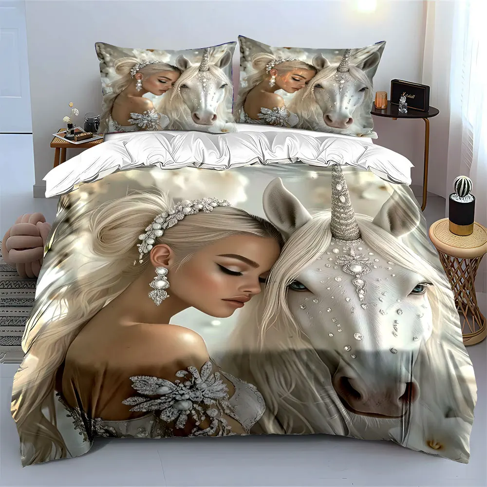 3D Crystal Unicorn Bedding Set 3 Pieces, Princess Girl with Sparkling Unicorn Print Duvet Cover for Girls