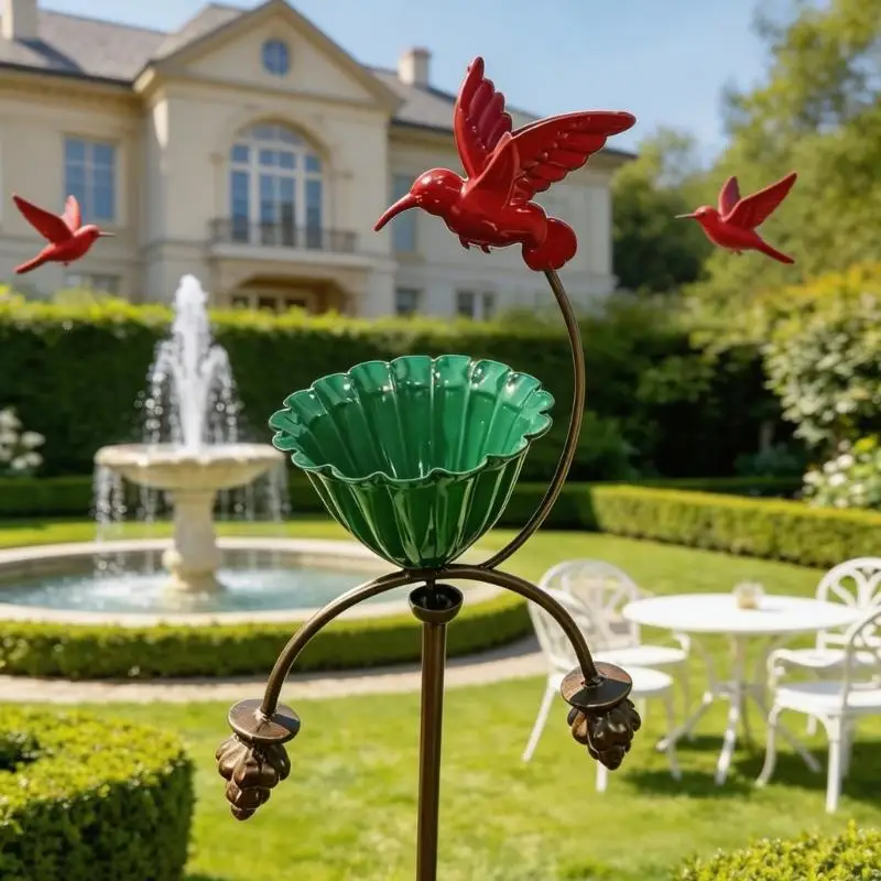 Eleganter Kolibri-Futterspender aus Schmiedeeisen mit blütenförmigem Vogelbad zur Gartendekoration und zum Anlocken B03E – Detail 5