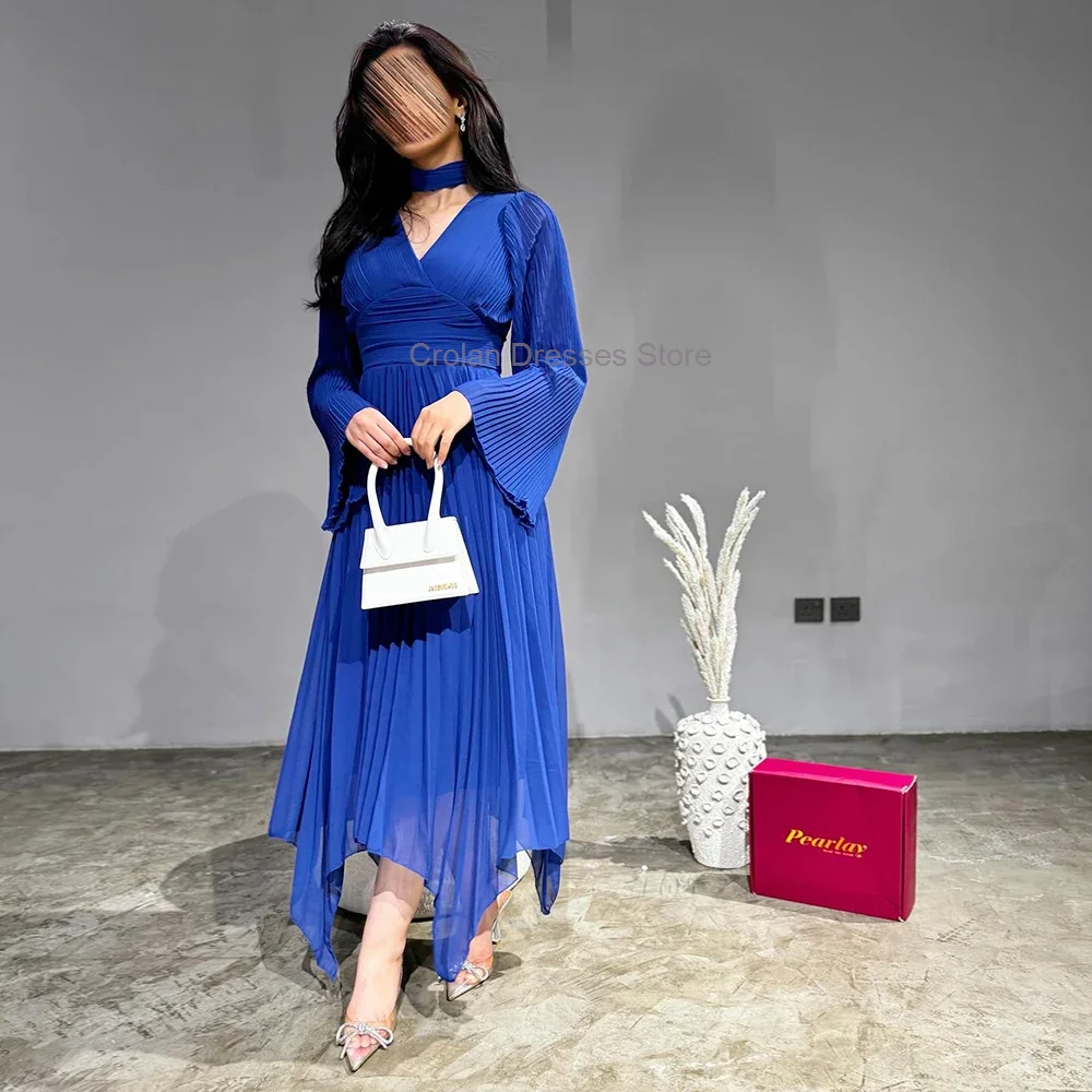 

Royal Blue Chiffon Evening Dress Saudi Arabia Formal Occasion Gowns Ankle Length V-Neck Pleats Long Sleeves Prom Dresses 2024