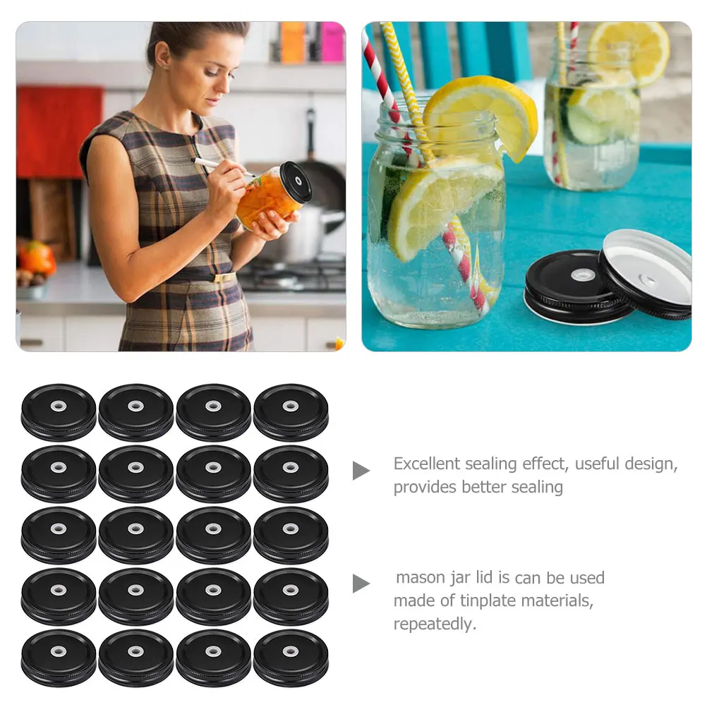 

20Pcs Tinplate Jar Lids Regular Mouth Sealing Leakproof Reusable with Straw Holes for Canning Jars Containers Jar Lids