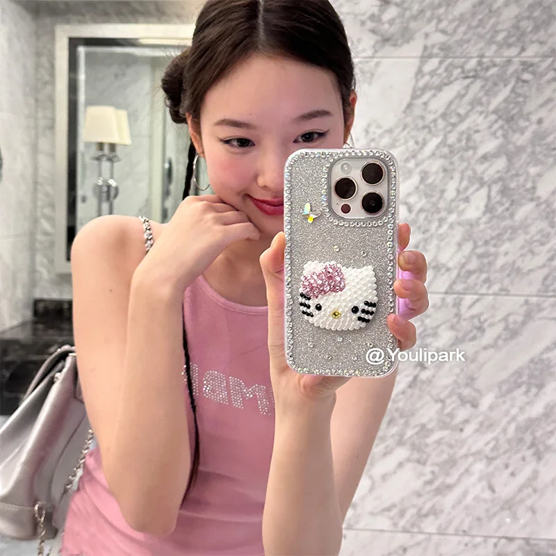 Kawaii Cartoon Sanrios Mobile Phone Case Applicable 15Promax Iphone16Pro Hello Kittys Full Diamond Three-Dimensional Girl Gift