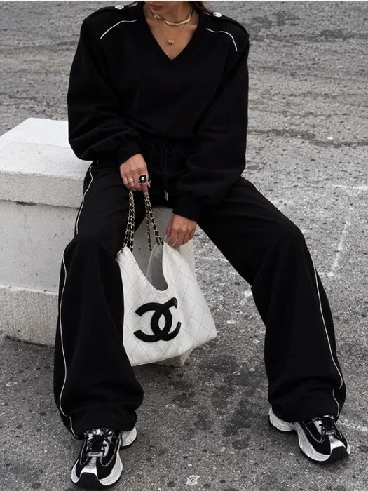 Sporty Two-Piece Set Lazy Style V-Neck Shoulder Strap Sweatshirt Women's High Waist Wide Leg Pants Autumn New Arrival