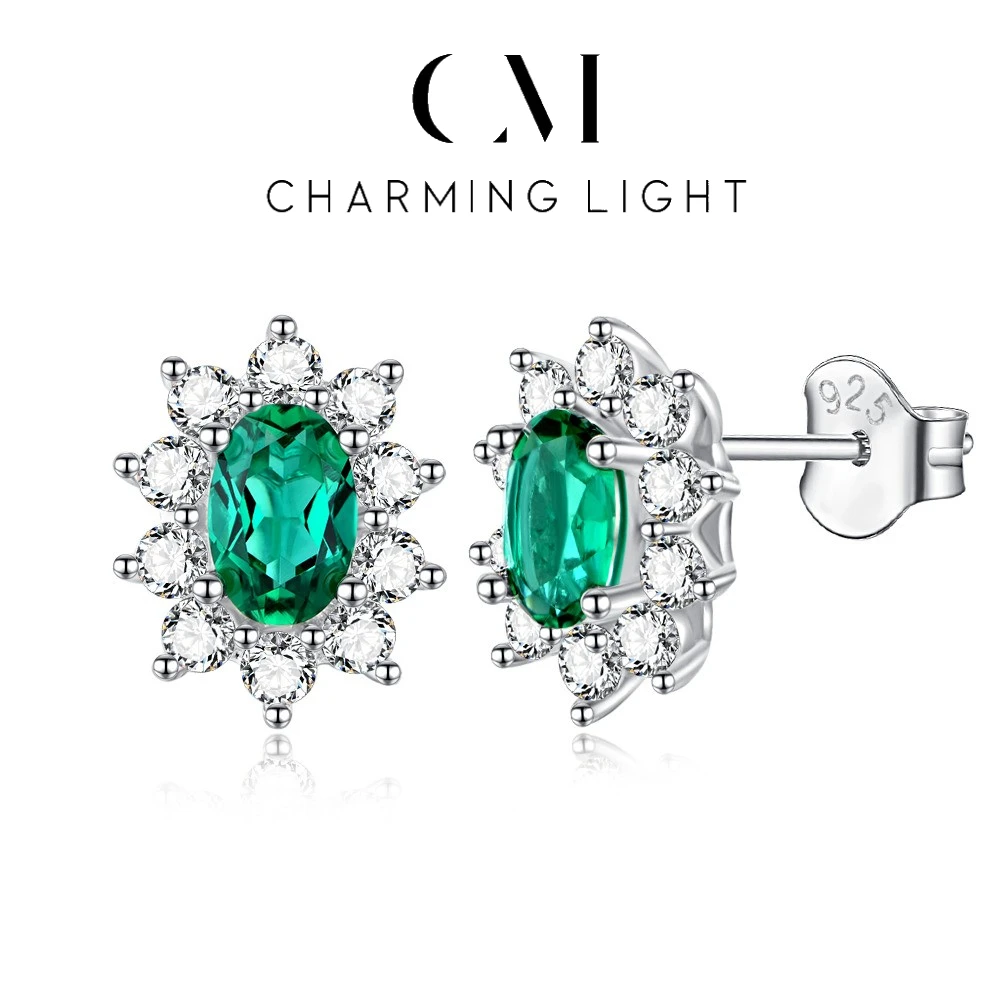 

CHARMING Sparkling Created Emerald Stud Earrings 925 Sterling Silver for Women Fine Engagement Party Original Jewelry Gifts