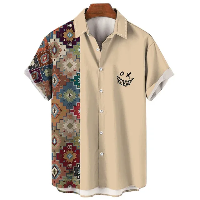 

2025 Summer New Men's Shirt Retro Painting 3D Printing Fashion Hawaiian Short sleeved Shirt Men's Polo Loose Versatile Top