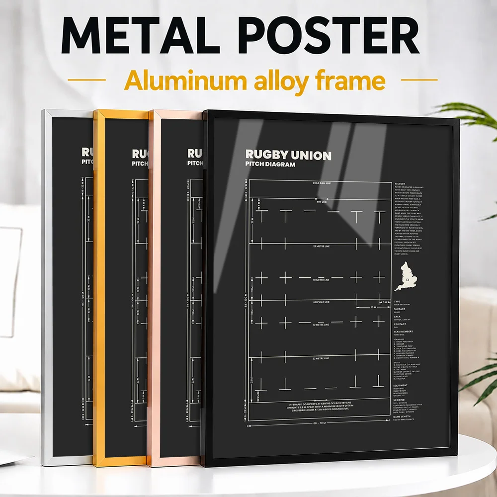 Rugby Union Pitch Diagram Blueprint Framed Metal Poster Personalized Photo Detailed Engineering Style Wall Art For Home Office
