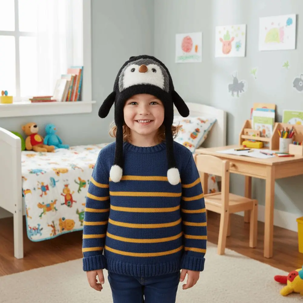 

Cute Children's Warm Hat Breathable Windproof Cartoon Penguin Balaclava Hat Pom Pom Ends Thickened Warmth Ear Protection Cap