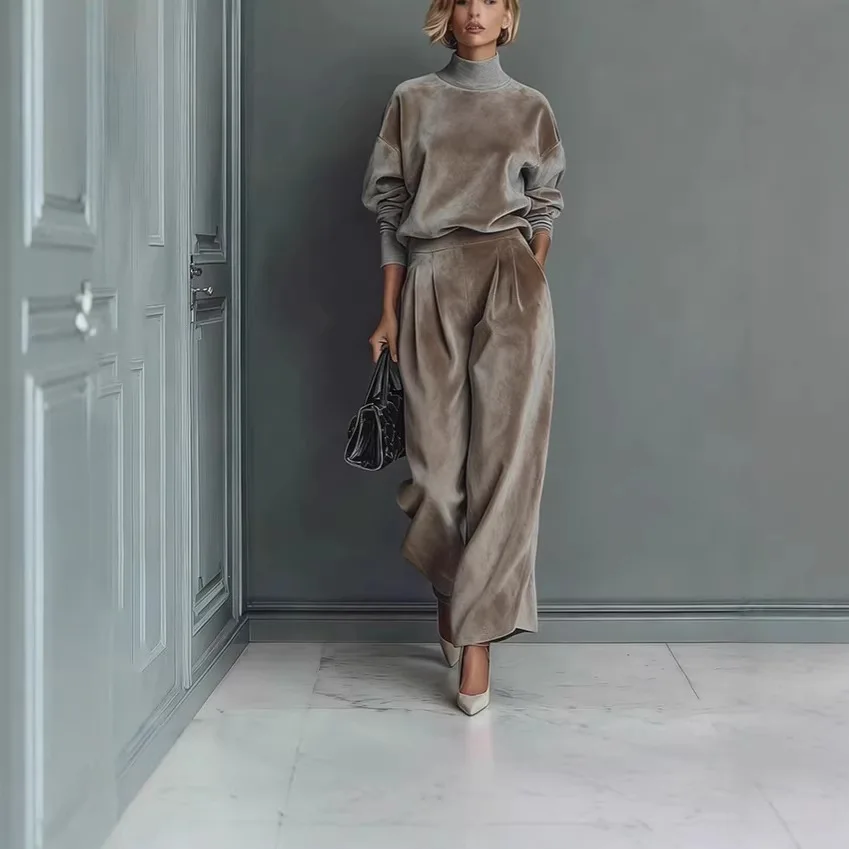 2026 Autumn/Winter New High end Fashion Women's Long Sleeve Set Commuter Wide Leg Pants Two Piece Set in Europe and America