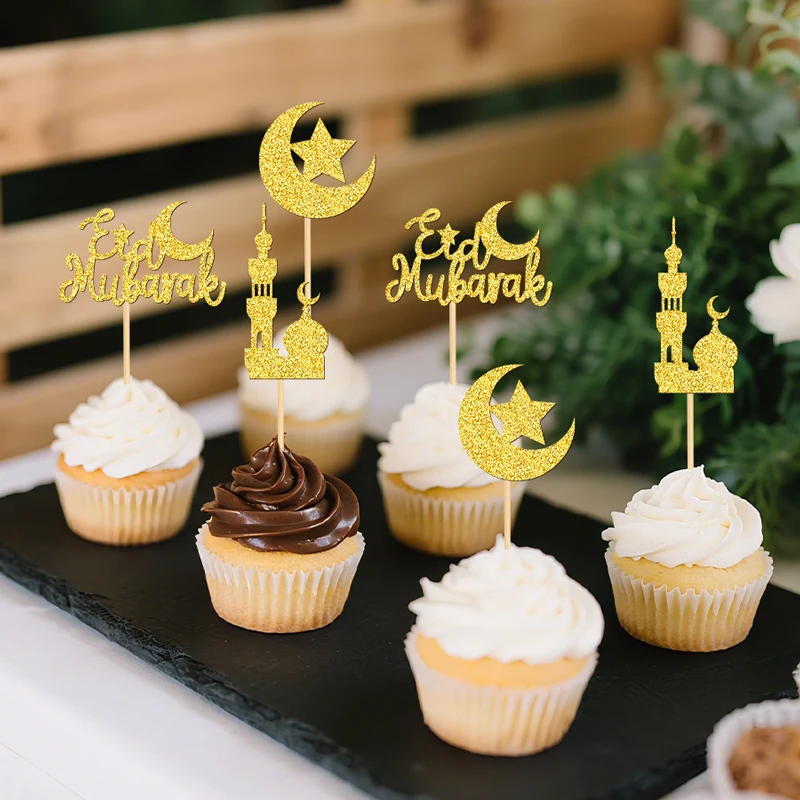 YOMDID 24 Stück Eid-Themen Cupcake-Topper Glitzernde Mond-Stern Cupcake-Picks Segenswünsche Kuchen-Topper für Muslimische Partydekoration
