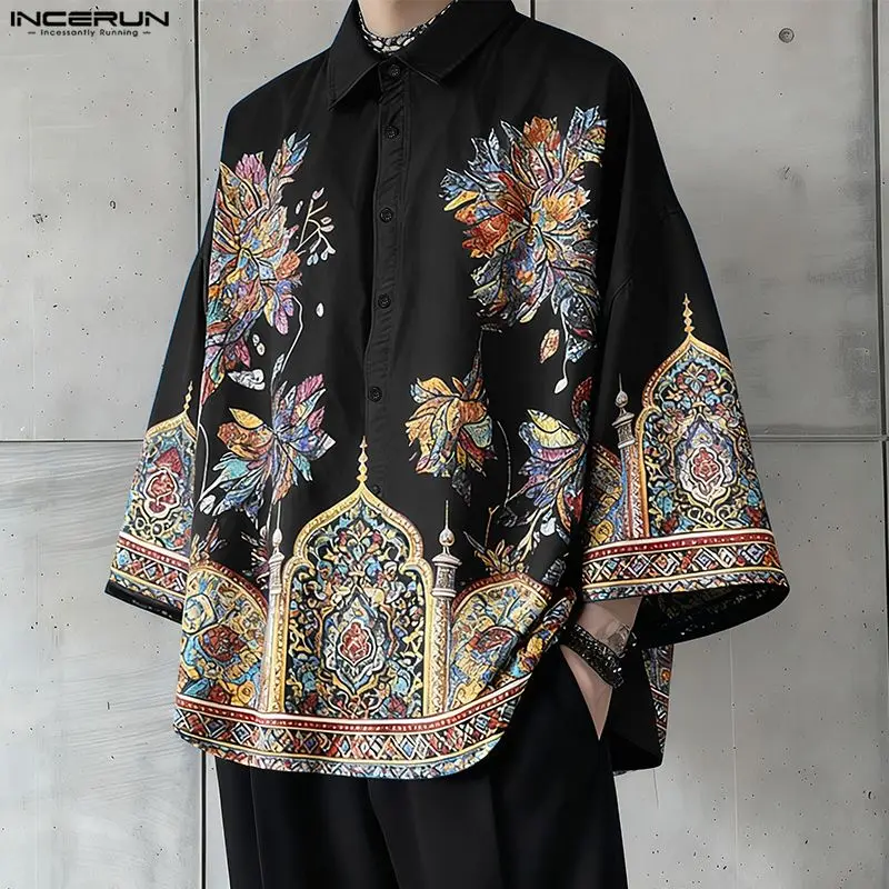 INCERUN Herrenhemd mit Aufdruck, Reverskragen, 3/4-Ärmel, locker geschnitten, Freizeitkleidung, Streetwear 2026, koreanischer Stil, modische Oberteile, Hemden S-5XL