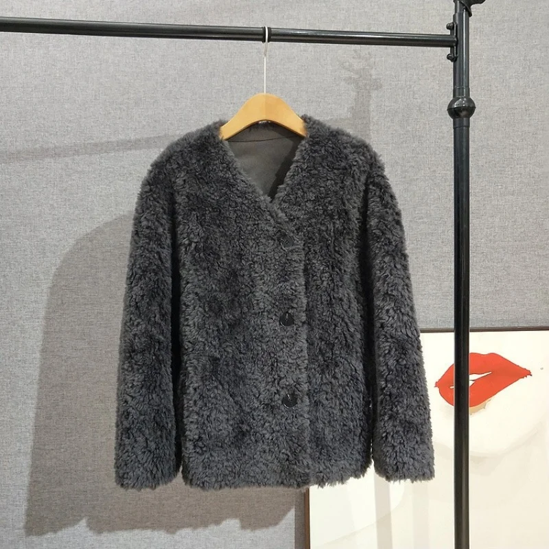 2025ฤดูหนาวใหม่มาถึงแกะShearling Fur-Trimmed Coatผู้หญิงBatwingแขนVคอเสื้อหนังเทียมJT514