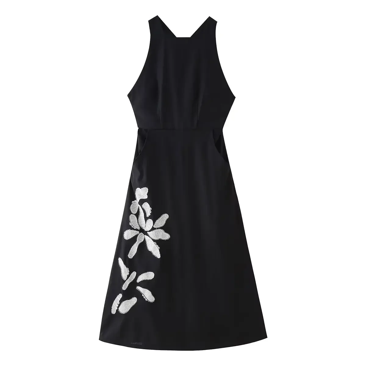 Vestido Midi con bordado de flores para Mujer, vestido ajustado con bolsillos laterales, cremallera trasera abierta, estilo Retro, a la moda, novedad