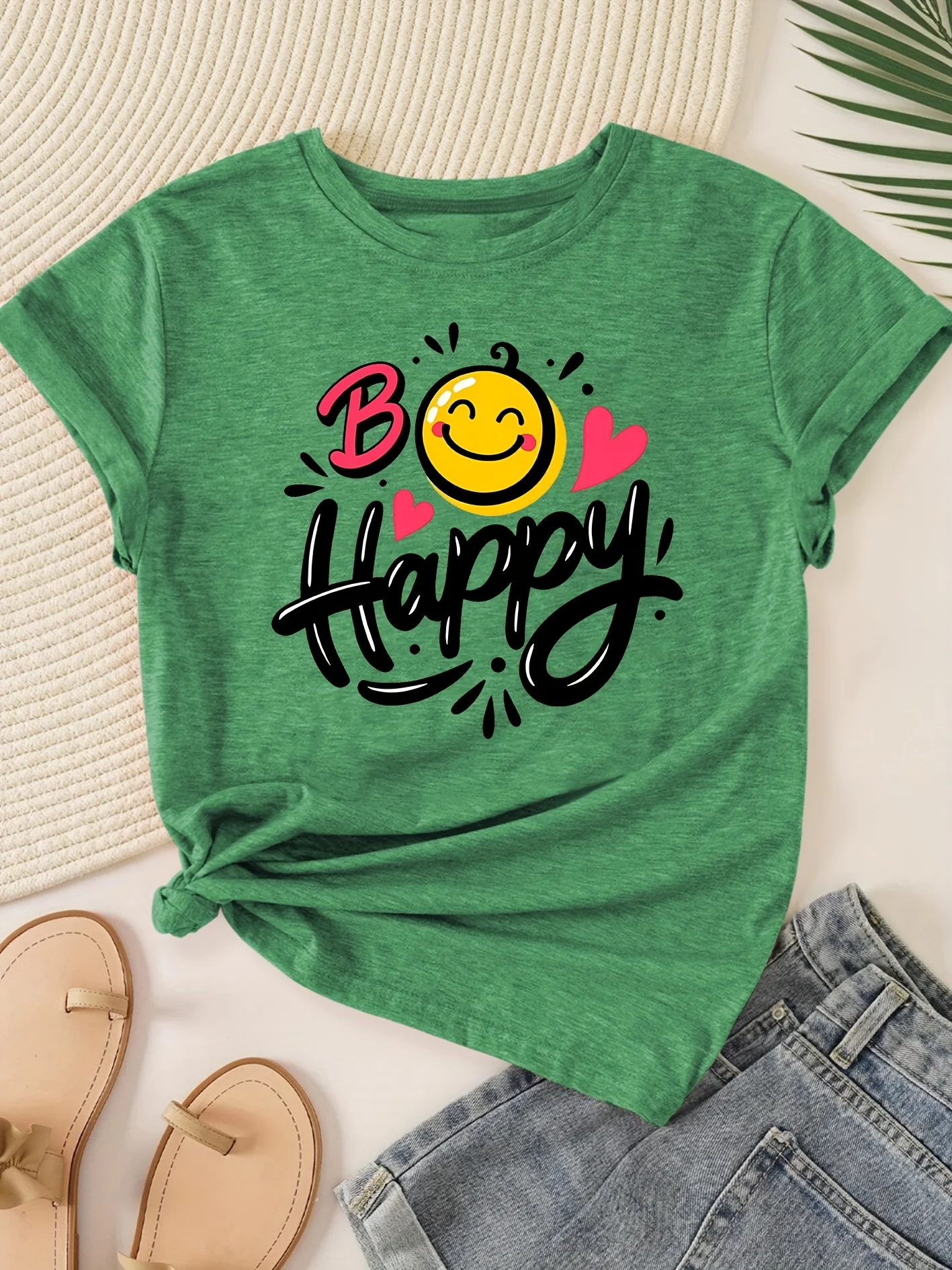 Women Heather Green Crew Neck Tee Be Happy Smiley Heart Letter Print Rolled Sleeve Casual Short Sleeve Ladies Tops