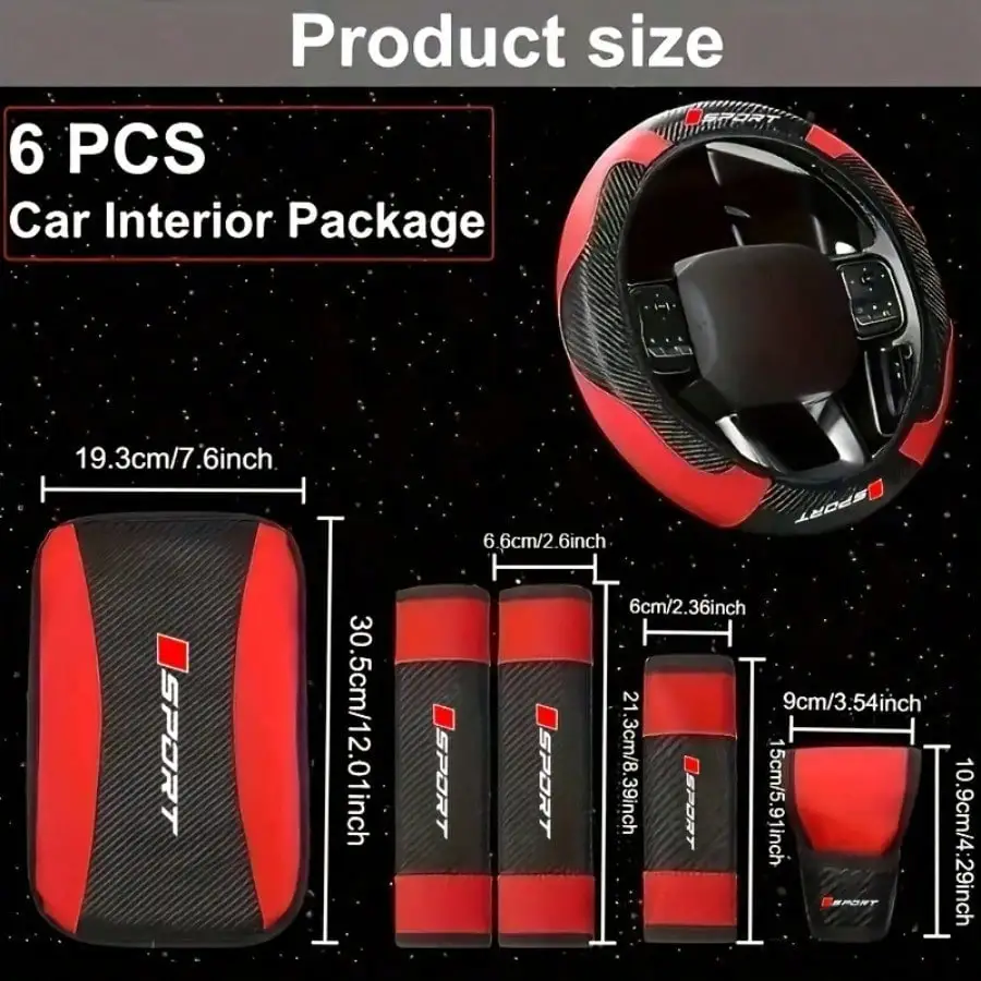 6pcs Fashion Exclusive Car Interior Value Gift Set, PU Leather Material Non-Slip Breathable All-Season Universal Car Steering Wheel Cover, Armrest Pad, Shoulder Pad, Gear Shift Cover, Luxury Universal Car Interior Accessory Set