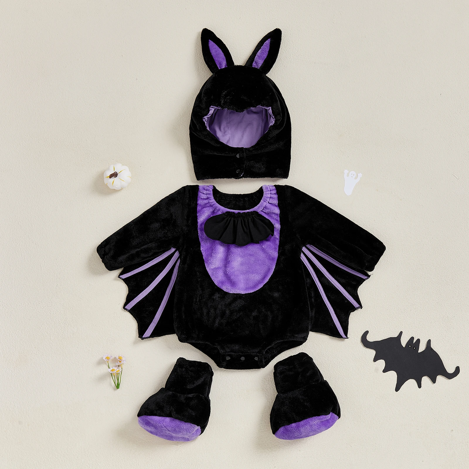 VISgogo Baby Bat Halloween Costume Plush Bat Wing Long Sleeve Romper Foot Covers and Hat 3 Pcs Set