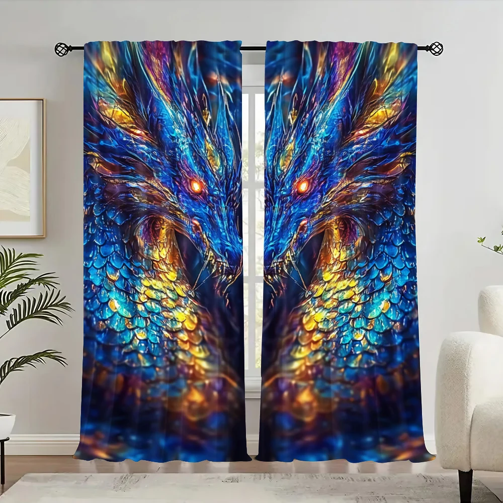 

2Pcs Stylish Dragon Totem Print Curtain Elegant Blue And Golden Curtain Suitable For Bedroom Bathroom Living Room Dining Room