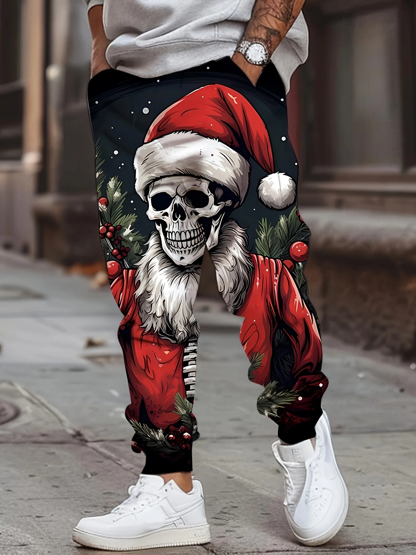 กางเกงวอร์มผู้ชายลายหัวกะโหลกคริสต์มาส ปี 2025 ผ้าโพลีเอสเตอร์ ทรงสลิมฟิต สไตล์ลำลอง มีกระเป๋า เหมาะสำหรับใส่ในฤดูใบไม้ร่วง สตรีทแวร์