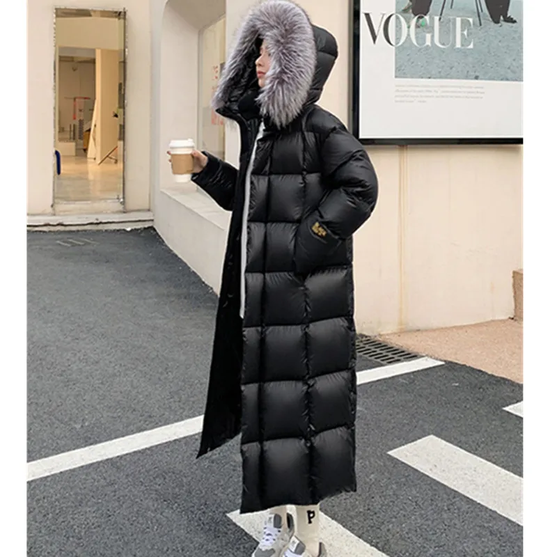 Jaqueta de penas de ganso de alta qualidade feminina inverno 2025 nova gola de pele de raposa casaco com capuz preto feminino grosso longo parker casaco