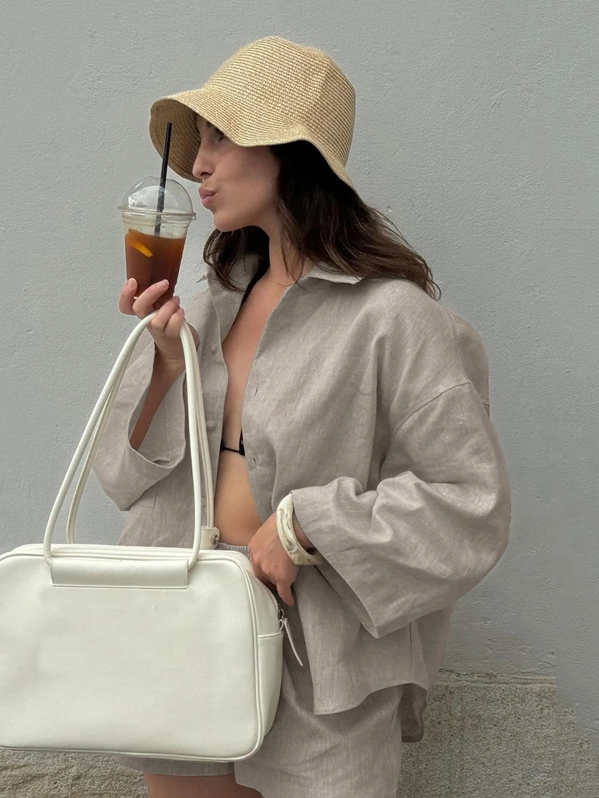 Marthaqiqi Loose Ladies Sleepwear Suit Long Sleeve Nightgowns Turn-Down Collar Nightwear Shorts Casual Female Pajama 2 Piece Set