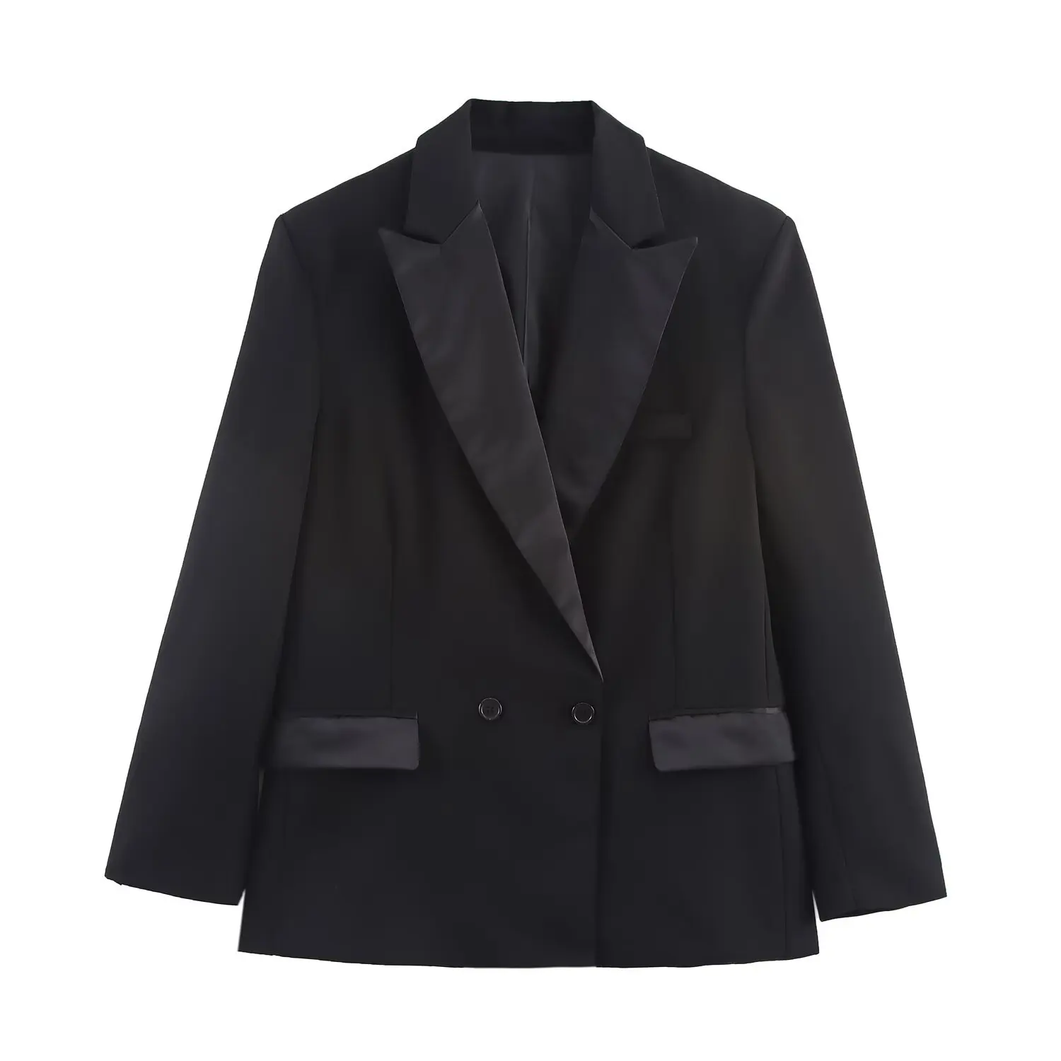 

ZBZA Woman's Loose Suit Blazer Stitching Lapel Double-breasted Long Sleeve Patch Pocket Solid Casual Commuter Jacket Summer Coat