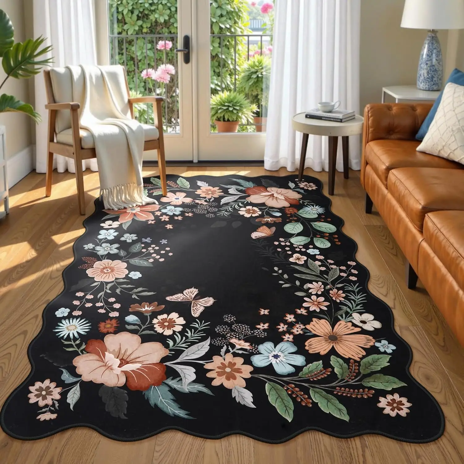 

5X7 Rugs For Living Room, Floral Washable Area Rug For Bedroom Under Bed, Thin Low Pile Foldable Large Carpet For Office,