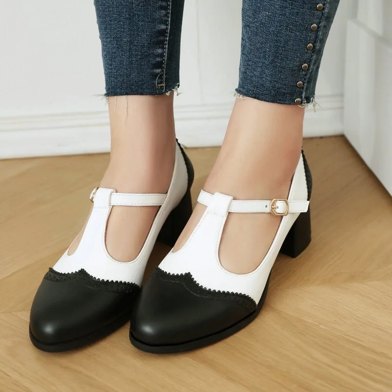 New Fashion 5CM Square Heel Women's Shoe Shallow Mouth Color Blocking Single Shoes Retro Round Toe Splicing Women's Heels Shoes