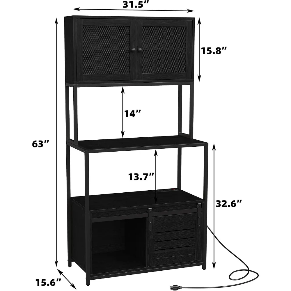 6-Tier Kitchen Bakers Rack with Power Outlet, Industrial Microwave Stand with Shelves, Black
