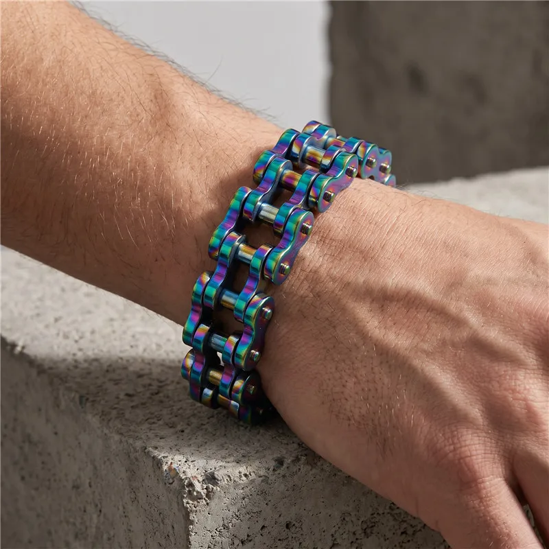 Kalen 21mm Iridescent Stainless Steel Bicycle Chain Bracelet For Men Punk Rock Motorcycle Wrist Cuff Heavy Jewelry Accessories