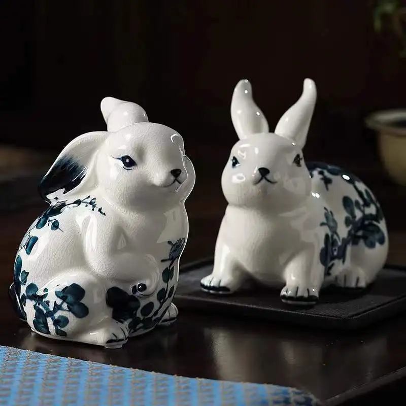 Blue and White Porcelain Rabbit Sculpture Ceramic Simulation Animal Crafts Room Wine Cabinet Decoration Home