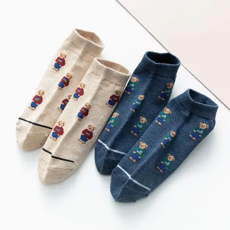 5 Pairs/5 Colors Men\'s Short Socks Spring and Summer Cartoon Bear Fashion Personality Couple High Quality Hot Sale 100% Cotton