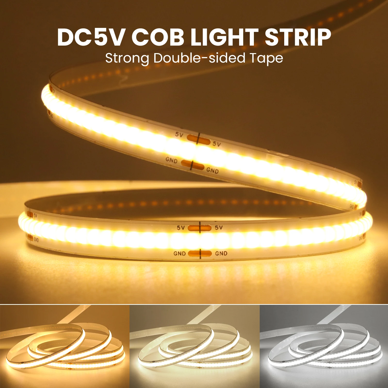 3AA Battery Box 5V COB Led Strip 8MM 320LEDs/M Warm Natural Cool White Flexible COB Strip Light for Bedroom Cabinet TV Backlight