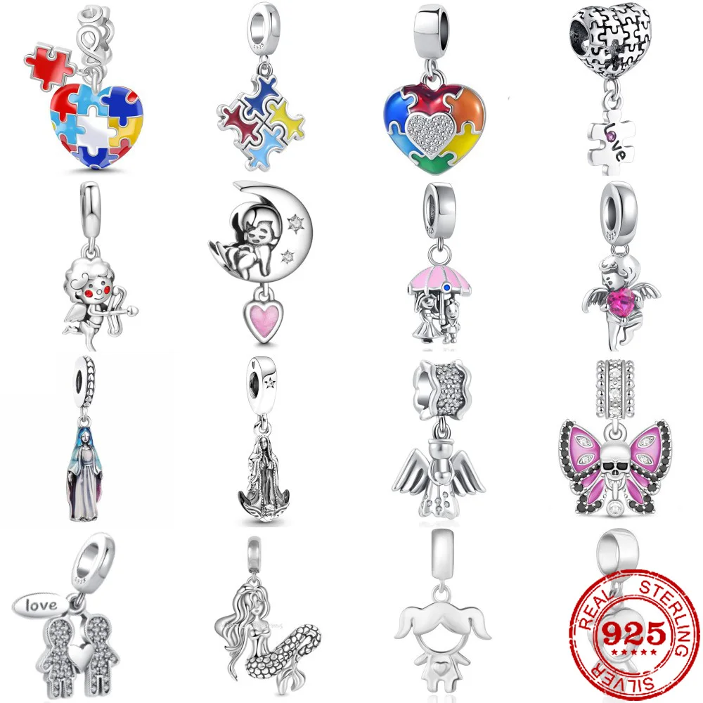 

New 925 Sterling Silver Little jigsaw angel mermai Pendant Charm Bead fit Original Pandora Bracelet Trinket DIY Women Jewelry