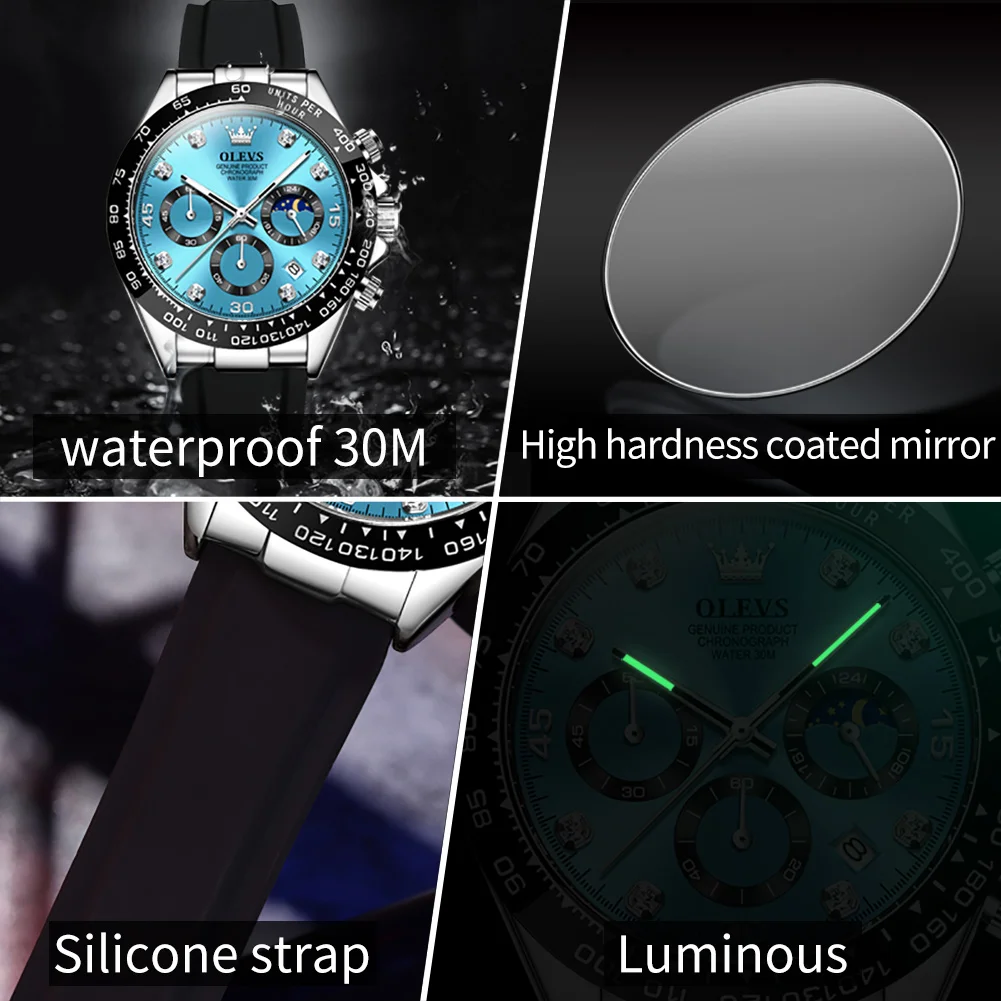 OLEVS 2875 Top Brand Original Men Watches Moon Phase Silicone Adhesive Tape Quartz Watch Waterproof Luminous Fashion Wristwatch