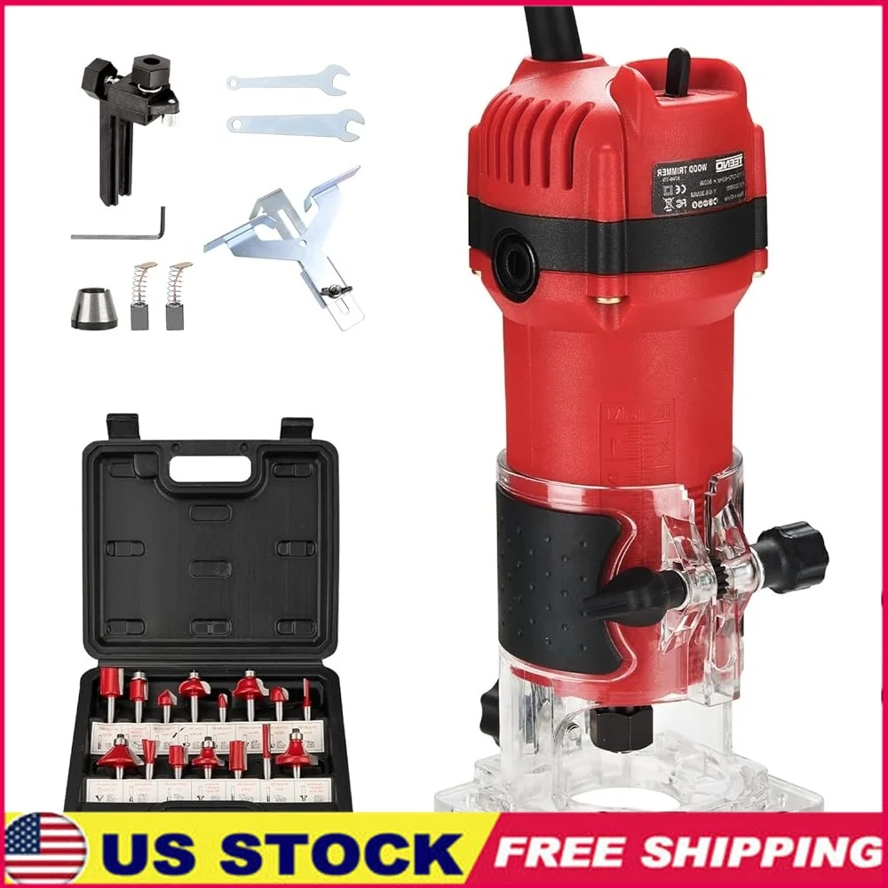 

800W Wood Router Tool 31000RPM Compact Trim Router with 15 Router Bits Edge Guide Woodworking Projects