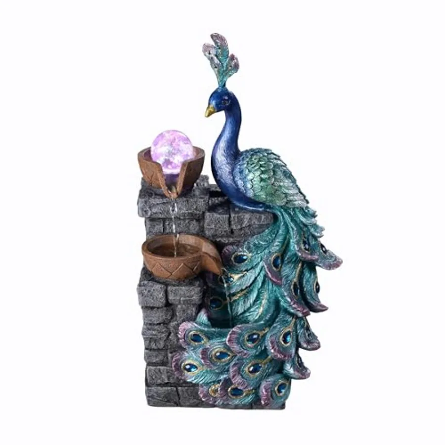 

Tabletop Water Fountain Decor Peacock with LED Glass Color Changing Globe Relaxation Decorative Desktop Water Zen Fountain for