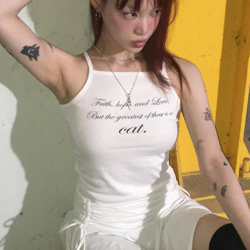 2000s Punk Grunge Camisole Tee Streetwear Women\'s Sleeveless Corset Letter Print Crop Tops Y2k Clothes Gothic Fairycore T-shirt