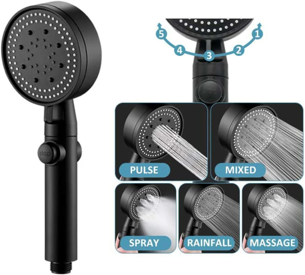 1 Piece Bathroom 5 Modes Adjustable High-Pressure Shower Head Water-Saving One-Key Stop Spray Nozzle Bathroom Accessories