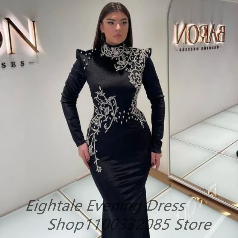 Customized Modest High Neck 2022 Black Mermaid Long Sleeve Arabic Luxury Evening Dress Beads Prom Party Gown Dubai Robe Soirée