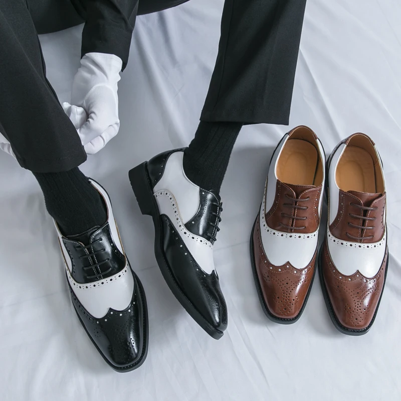 

Black White Blocked Men's Formal Shoes Pointed Business Wedding Pu Leather Shoes Size：38-46 Soft Soled Casual Shoes for Man
