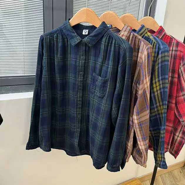 Women 100% Cotton Yarn Checkered Blouse Mori Girl Japan Preppy Style Long Sleeve Peter Pan Collar Red Plaid Shirts Lady Tops