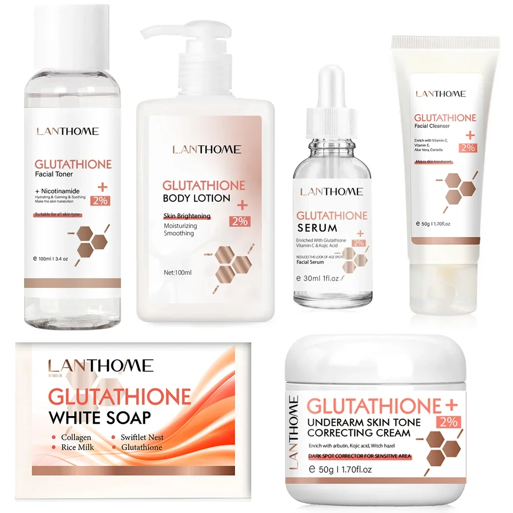 Glutathione Whitening Kit 6 PCS Set Serum Soap Cream Toner Lotion Brighten Face Body Lightening Skin Care Dark Spots Removal