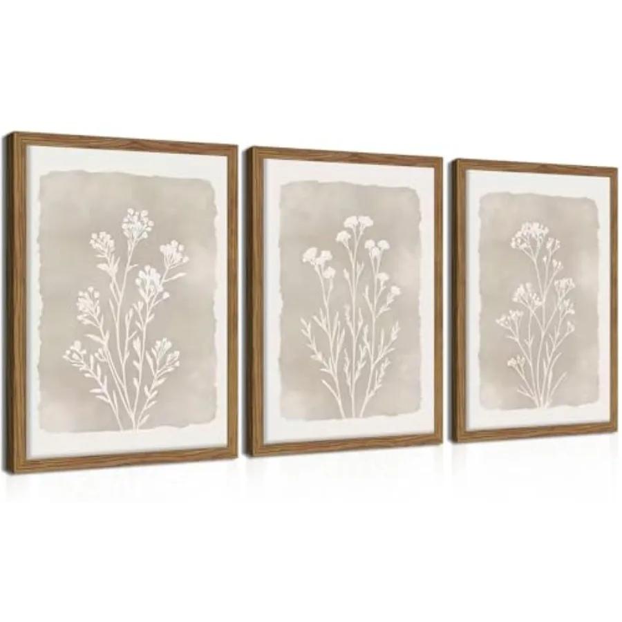 

Набор из 3 картин в рамах: винтажные минималистичные цветочные панно в стиле бохо, нейтральные цветочные настенные декорации, деревенский стиль, дикие цветы