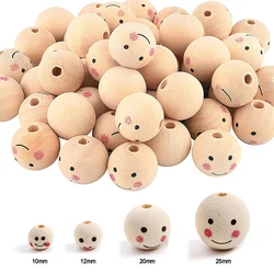 5-50pcs Natural Smile Face Ball Wood Beads Wooden Doll Loose Beads for DIY Craft Jewelry Bracelet Necklace Making Spacer Beads