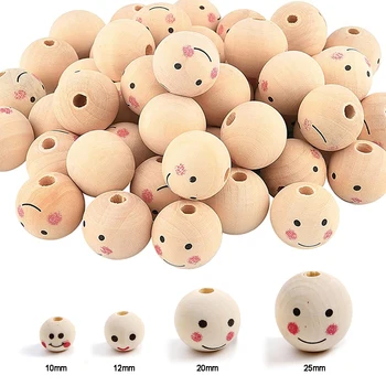 DIY 공예용 천연 스마일 페이스 볼 나무 비즈, 나무 인형 느슨한 비즈, 보석 팔찌 목걸이, 스페이서 비즈 만들기, 5-50 개