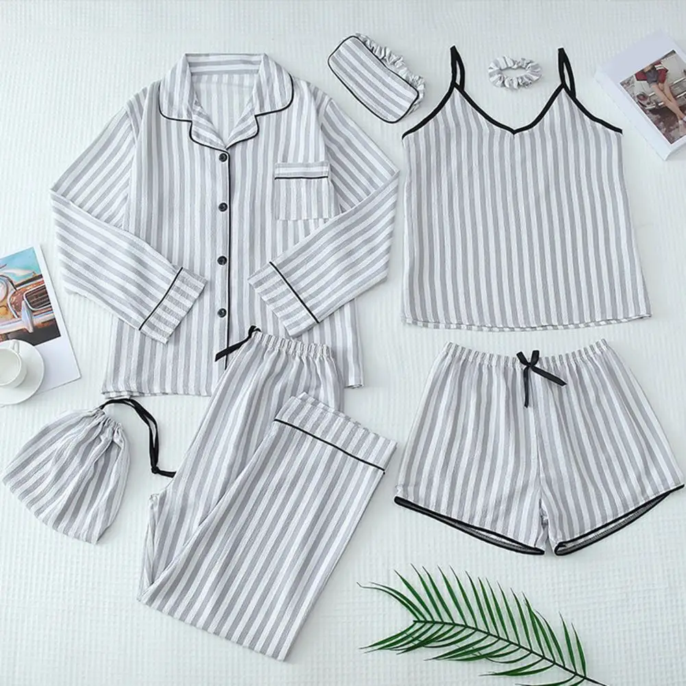 

Женский атласный пижамный комплект из 7 предметов, топ на бретельках, топ на пуговицах и шорты, брюки, комплект одежды для сна, хлопковая домашняя одежда в полоску с пузырьковым крепом