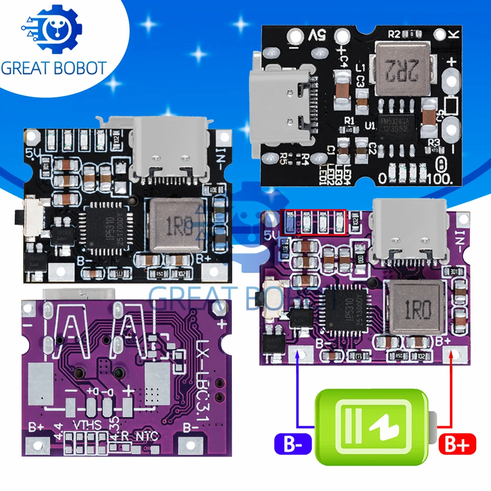 5V 2A/3.1A Type-C Boost Charger Module (BS) - LED Display Li-ion Battery Protection Board for DIY Power Projects