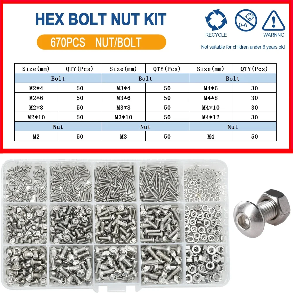 M2 M3 M4 M5 M6 Allen Sechskantmutter Bolzensatz 304 Edelstahl Sechskantschraube Muttern Set Knopf Rundkopf Maschinenschrauben Muttern Kit – Detail 13