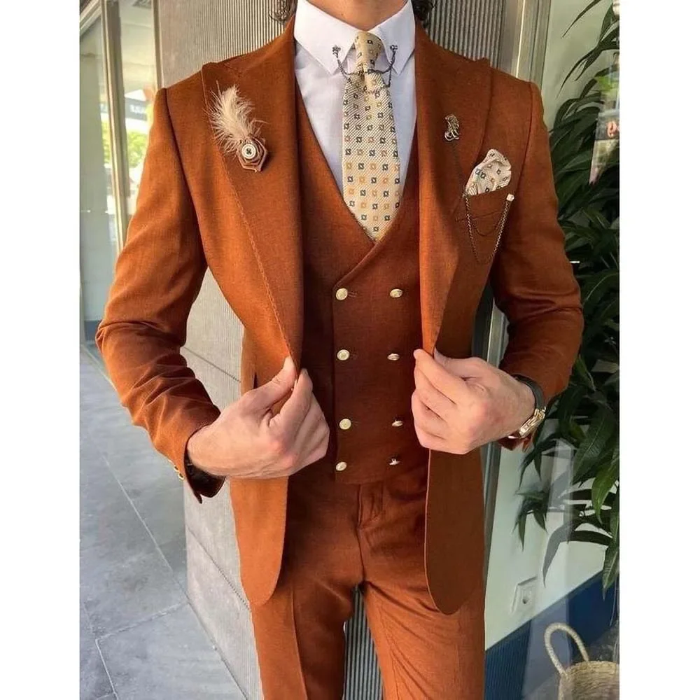 

Men's Three Piece Suit Set Single Breasted Peak Lapel Blazer Vest & Pants Formal Wedding Party Tuxedos Slim Fashion Male Suit