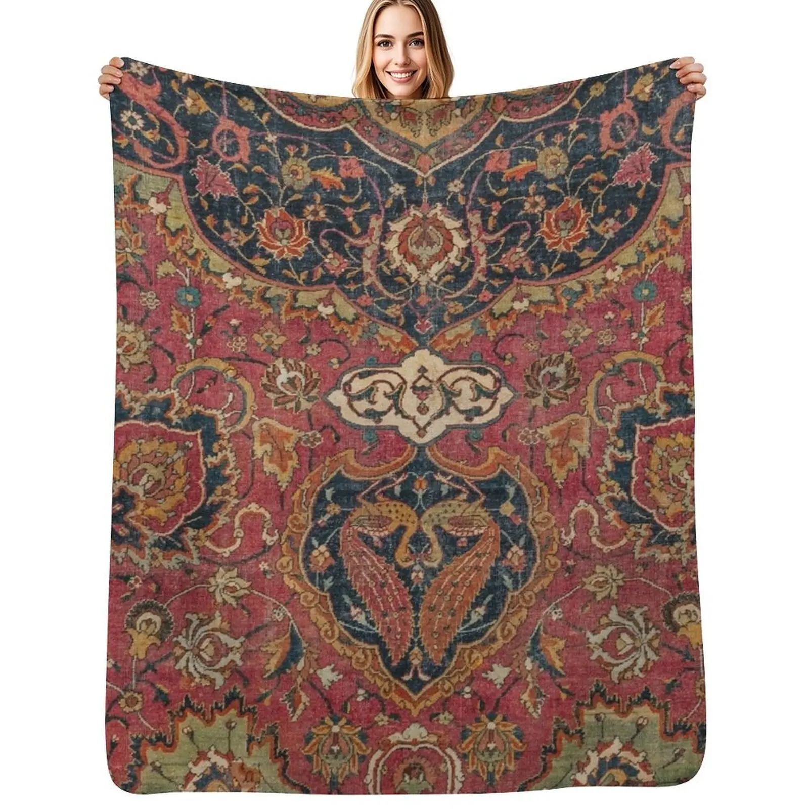 

Persian Medallion Rug VIII // 16th Century Distressed Red Green Blue Flowery Colorful Ornate Pattern Throw Blanket